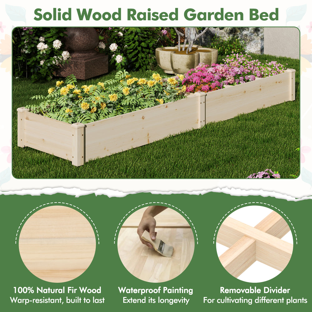 Wooden raised garden bed with two planter boxes, made of durable fir wood, featuring a waterproof finish for longevity.