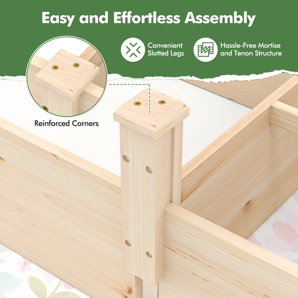 Close-up of the wooden raised garden bed's slotted legs and reinforced corners for easy assembly and stability.