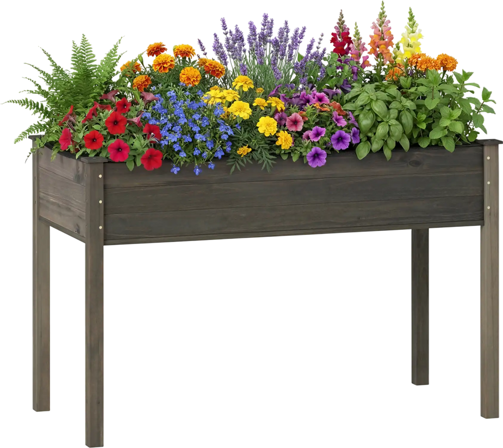 Elevated wooden vegetable garden bed in gray filled with colorful flowers, perfect for backyard planting and easy.