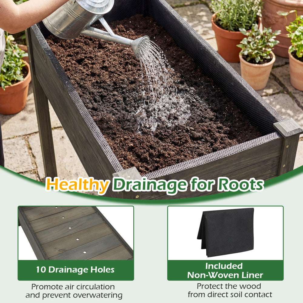 Wooden raised vegetable garden bed with drainage holes, made of solid fir wood, ideal for backyard planting.