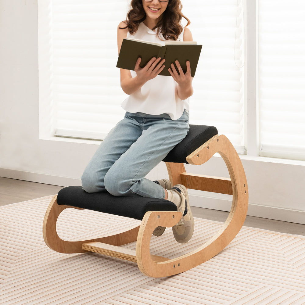 Wooden Rocking Chair with Comfortable Padded Seat Cushion and Knee Support-Black - Gallery View 1 of 10