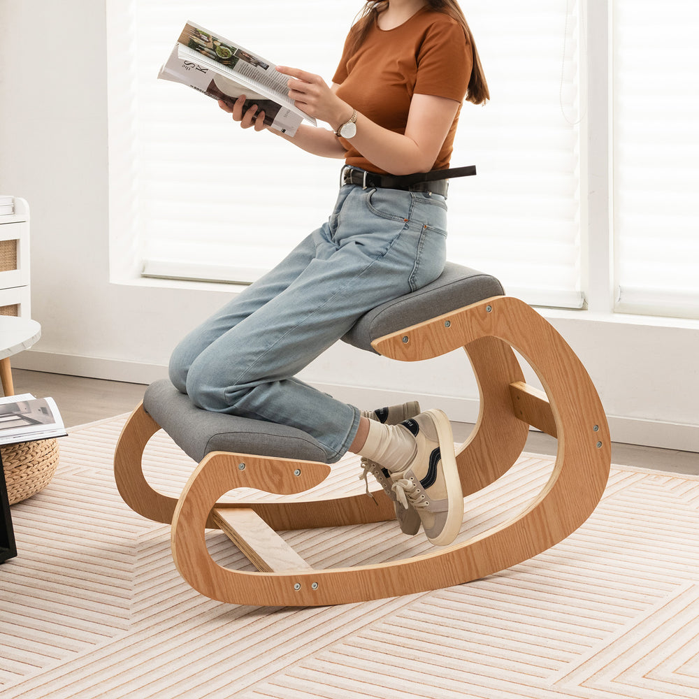 Wooden Rocking Chair with Comfortable Padded Seat Cushion and Knee Support-Gray - Gallery View 1 of 10