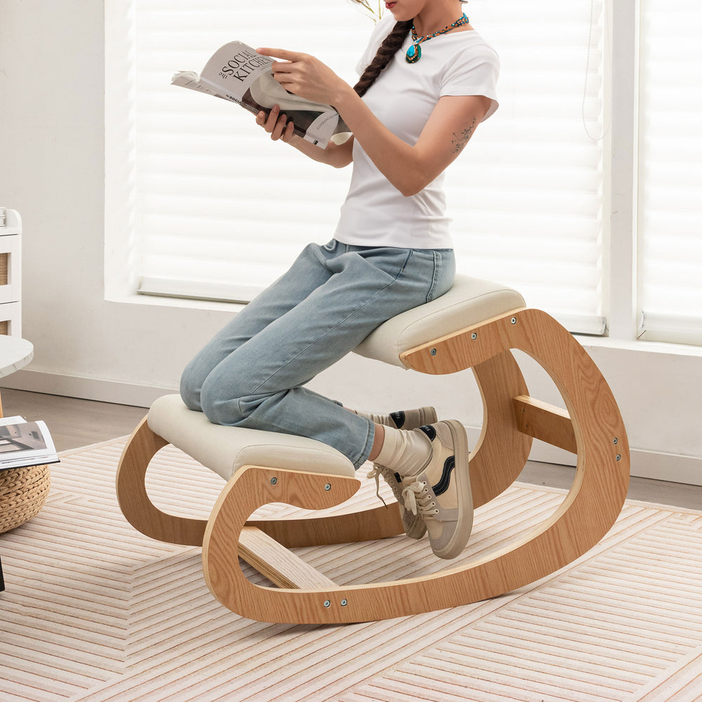 Wooden Rocking Chair with Comfortable Padded Seat Cushion and Knee Support-Beige - Gallery View 1 of 10