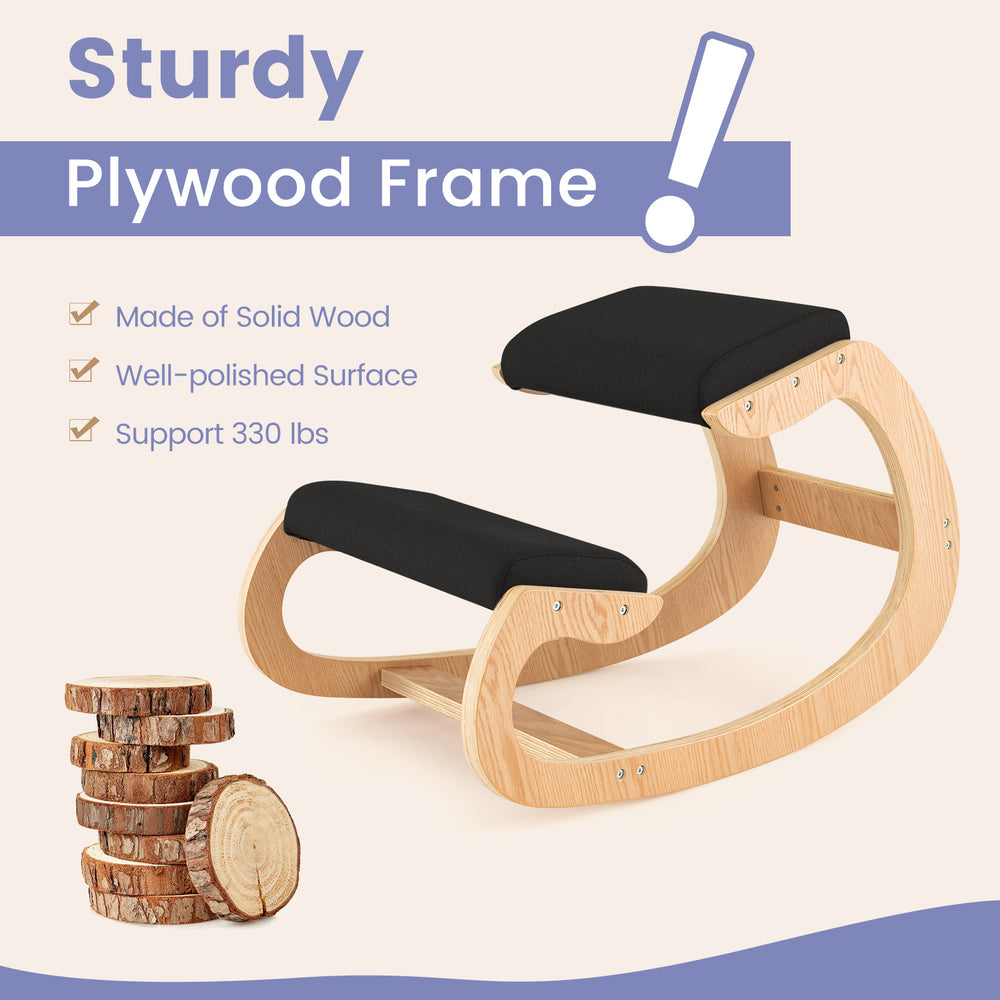 Wooden rocking chair with padded seat cushion and knee support, made of solid wood, supports up to 330 lbs for.