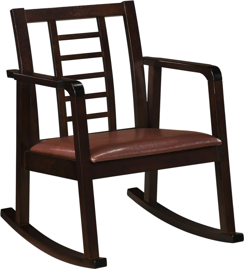 Wooden rocking chair with upholstered seat and ladder back design, offering stability and comfort for living room relaxation.