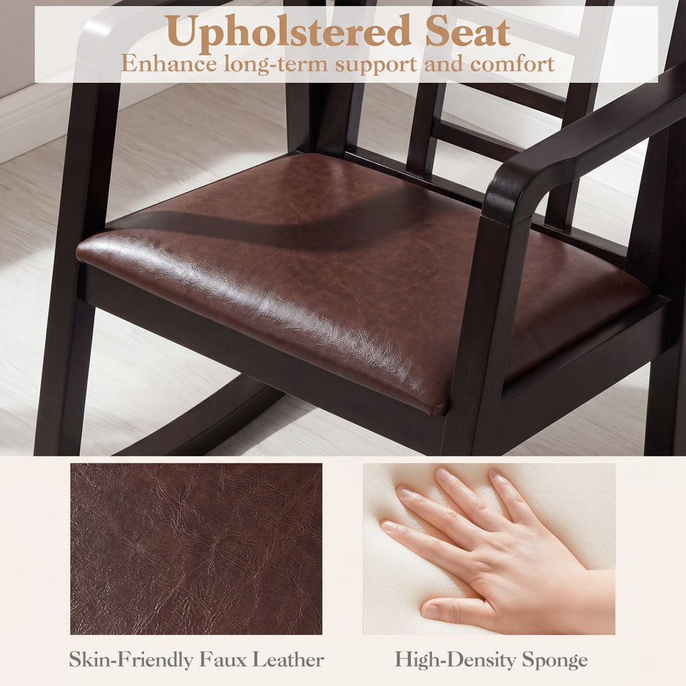 Wooden rocking chair with a brown upholstered seat, featuring a classic ladder back for retro elegance in the living room.