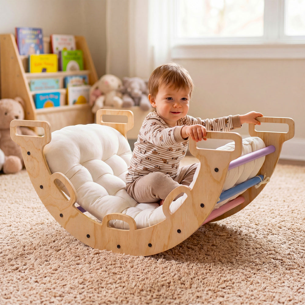 Wooden rocking climbing arch with cushion for kids, featuring a multicolor design, ideal for play and development.