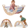 Wooden rocking climbing arch with multicolor accents and cushion, designed for Montessori play and exploration.