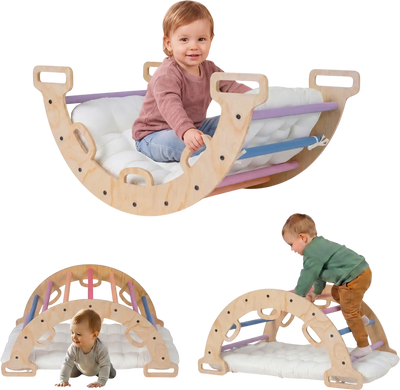 Costway 3-in-1 Wooden Montessori Kids Climber Rocker Arch w/ Cushion 26405566 New