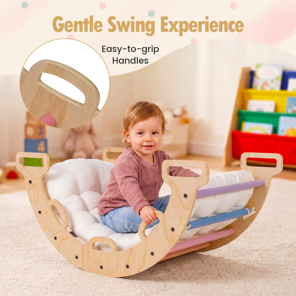 Wooden rocking climbing arch with cushion, featuring easy-to-grip handles, ideal for kids' play and gentle swinging.