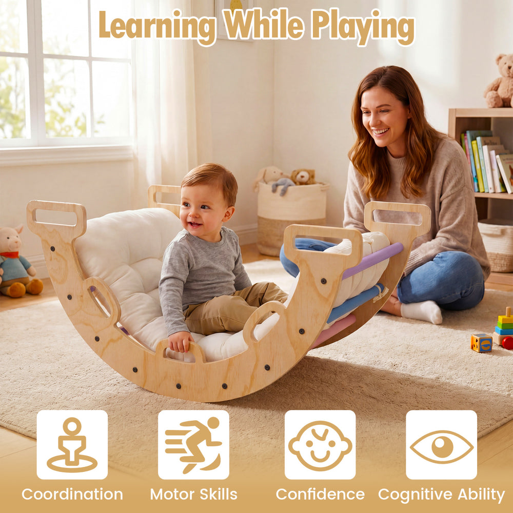 Wooden rocking climbing arch with cushion for kids, promoting coordination and motor skills in a playful setting.