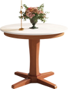 Round dining table with a pedestal base, featuring a cream white MDF top and walnut finishes, ideal for gatherings.