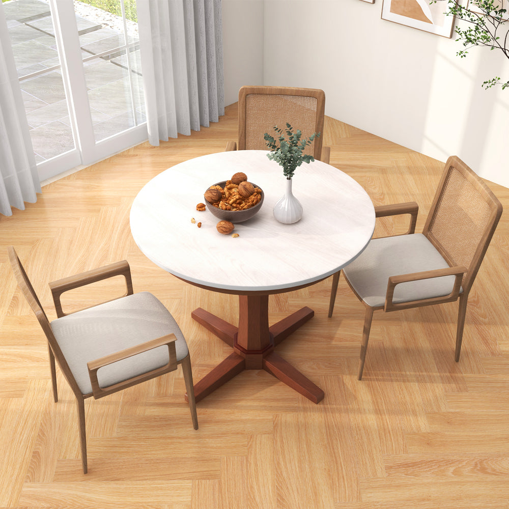 Top view of a 35-inch round dining table with a cream white MDF top and walnut base, perfect for stylish gatherings.