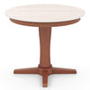 Round dining table with pedestal base, featuring a cream white MDF top and walnut finish, ideal for gatherings.