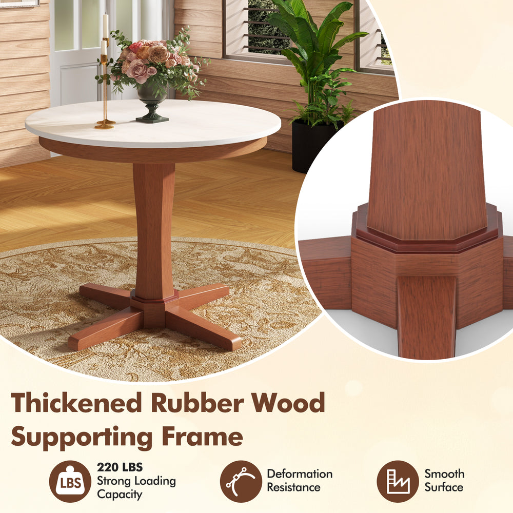 35-inch round dining table with a white MDF top and walnut rubber wood pedestal base, perfect for gatherings.