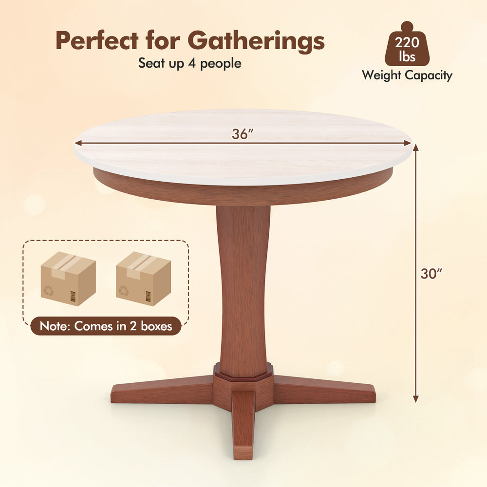 Round dining table with pedestal base, cream white finish, seats 4, 36 inches, perfect for gatherings.