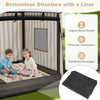 Wooden sandbox with canopy featuring a bottomless design, breathable mesh, and built-in seats for children's play.