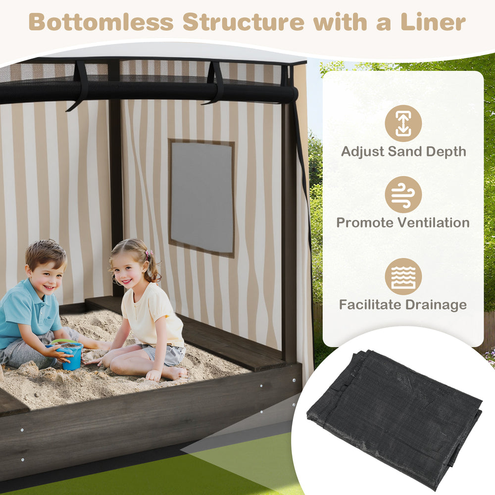 Wooden sandbox with canopy featuring a bottomless design, breathable mesh, and built-in seats for children's play.