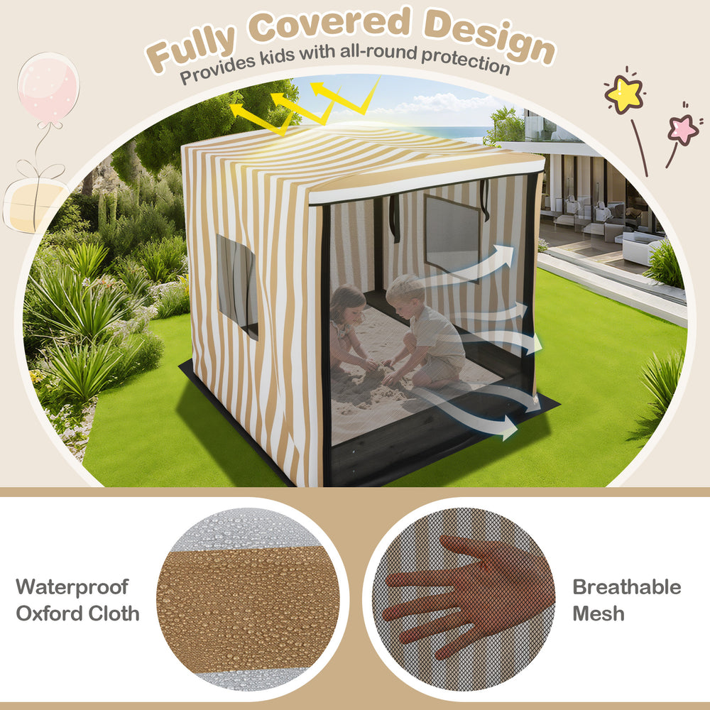 Wooden sandbox with canopy featuring breathable mesh and waterproof Oxford cloth, perfect for outdoor play for kids.