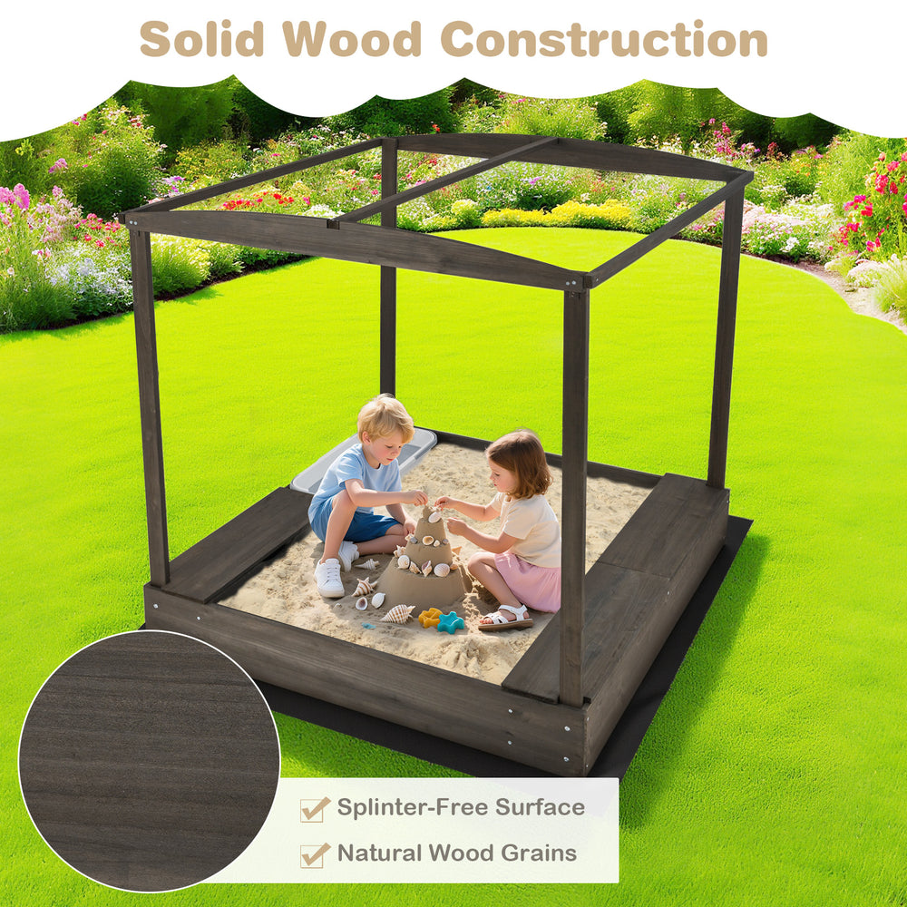 Wooden sandbox with canopy featuring solid wood construction, roll-up curtains, and built-in seats for children aged 3+.