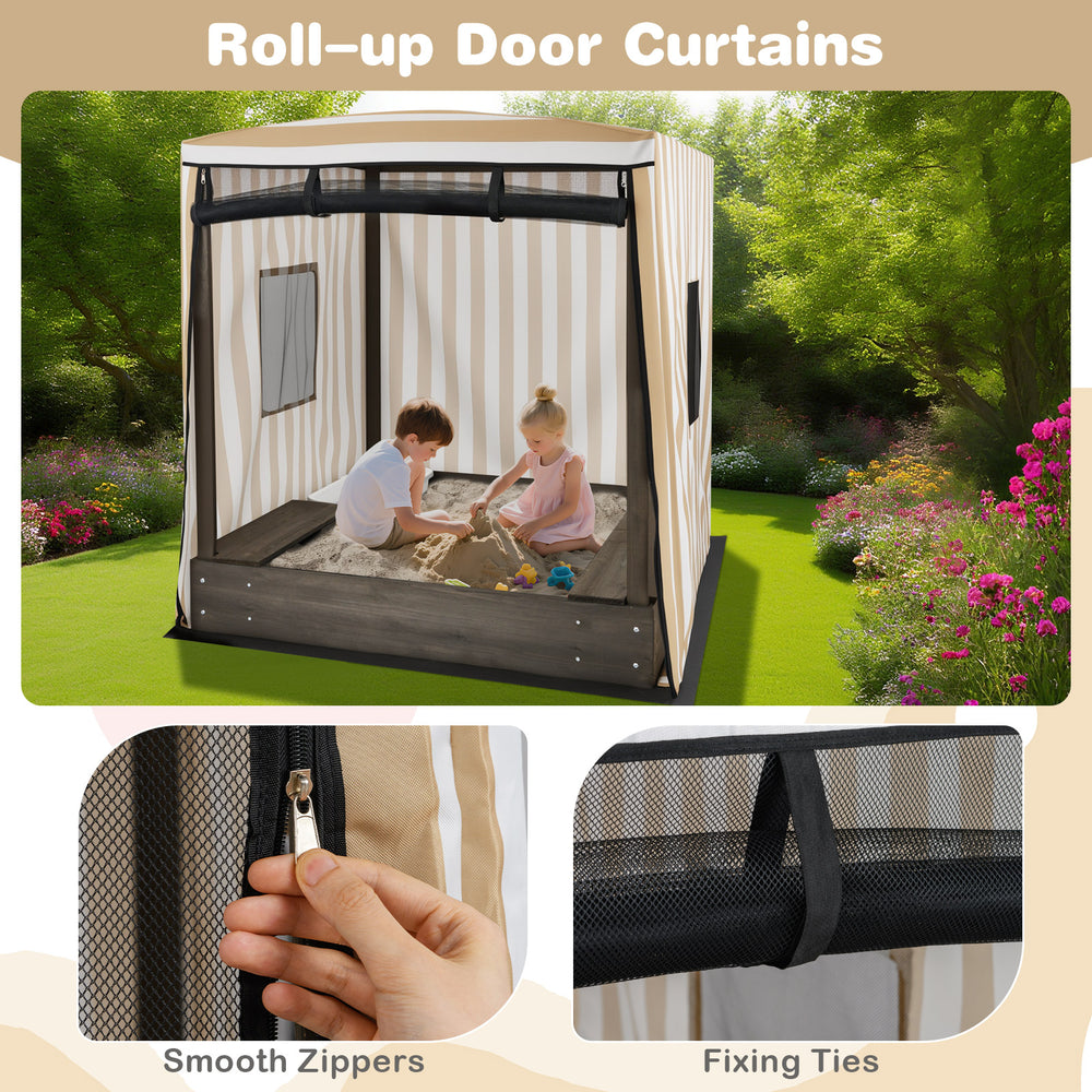 Wooden sandbox with canopy featuring roll-up door curtains, smooth zippers, and breathable mesh for outdoor play.
