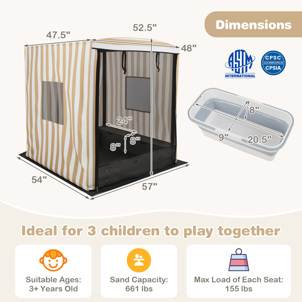 Wooden sandbox with canopy for children, featuring roll-up curtains and breathable mesh, ideal for 3 kids to play.