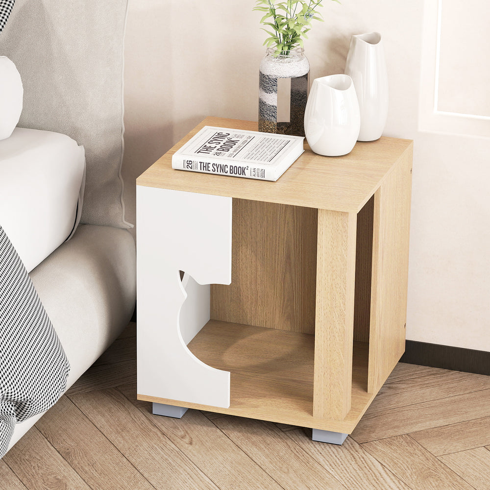 Wooden semi-enclosed cat condo with kitty head-shaped entry, natural finish, serving as a side table or nightstand.