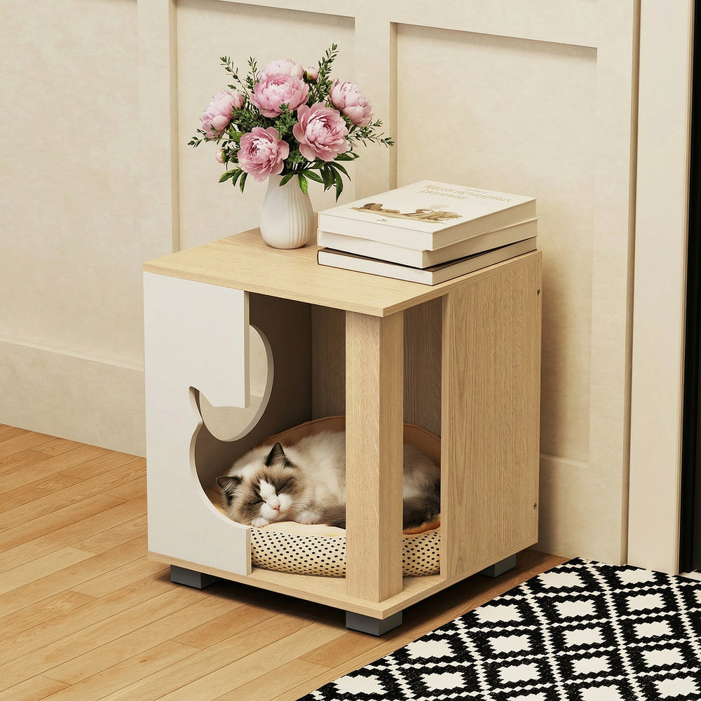Wooden semi-enclosed cat condo with kitty head-shaped entry, natural finish, and sturdy metal legs for stability.