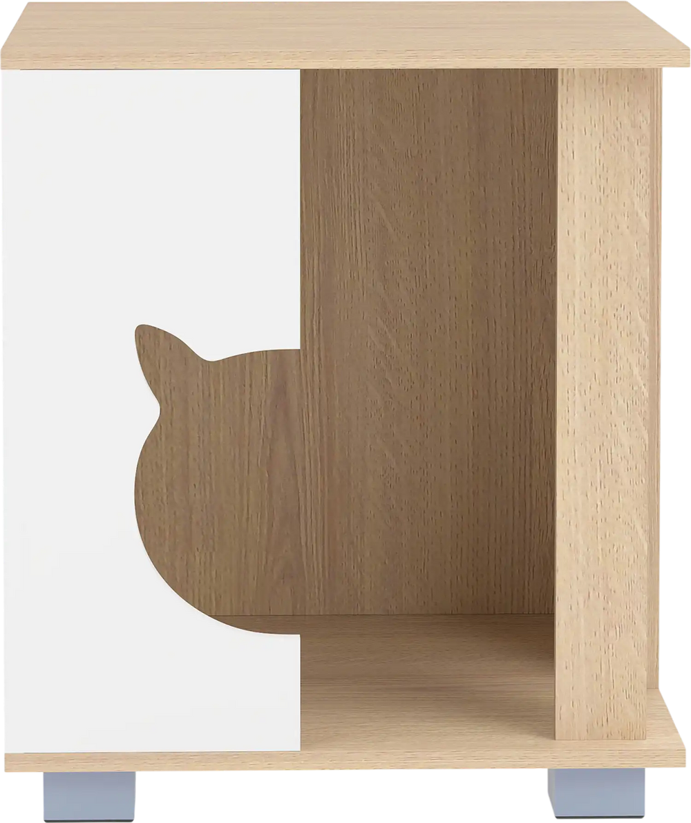 Wooden semi-enclosed cat condo with large side entry and kitty head-shaped design, ideal for providing privacy and.