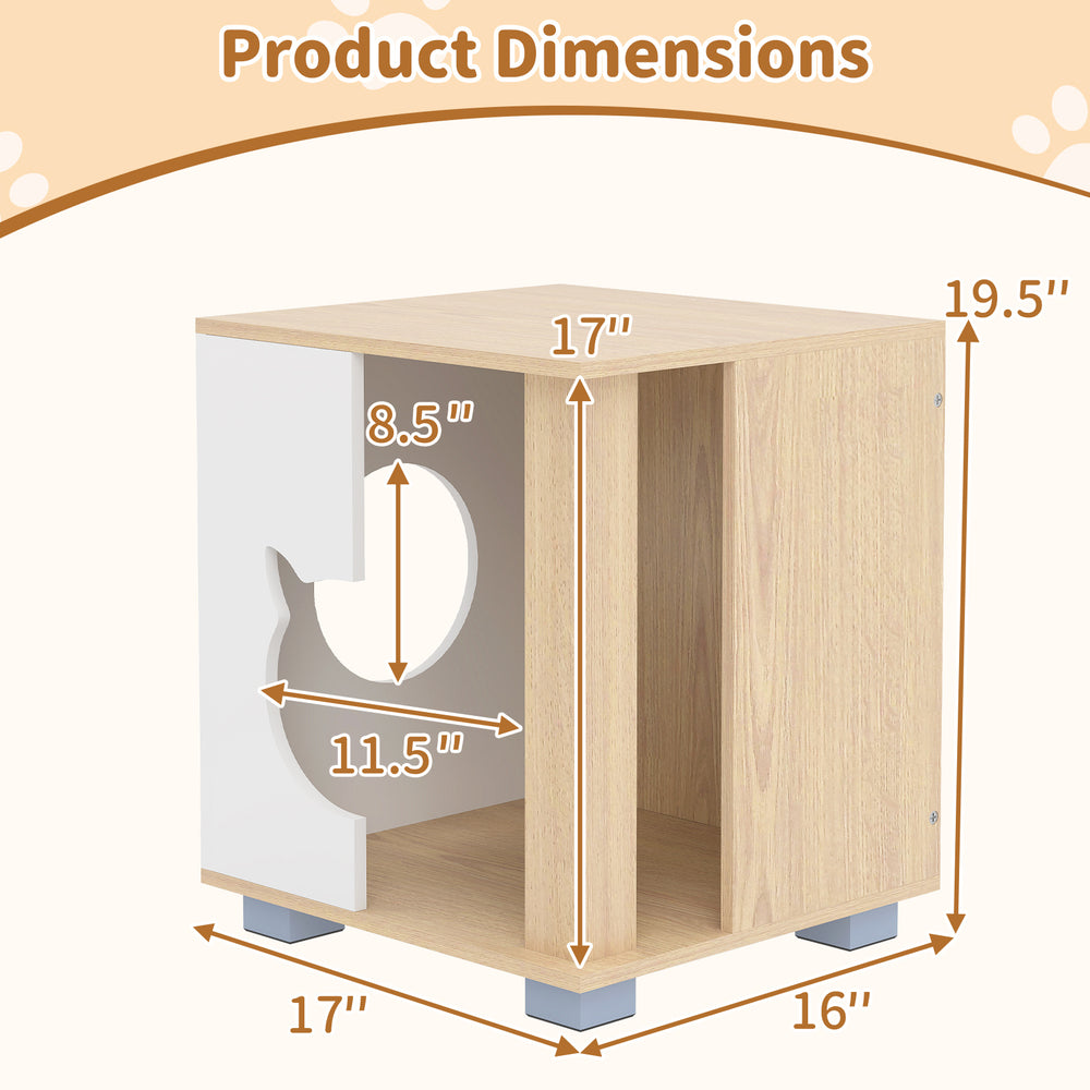 Wooden semi-enclosed cat condo with kitty head entry, measuring 17"x19.5", suitable as a side table or nightstand.
