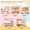 Wooden sensory wall panel featuring vanity, tool box, snack bar, kitchen, and hospital for endless role-play fun.