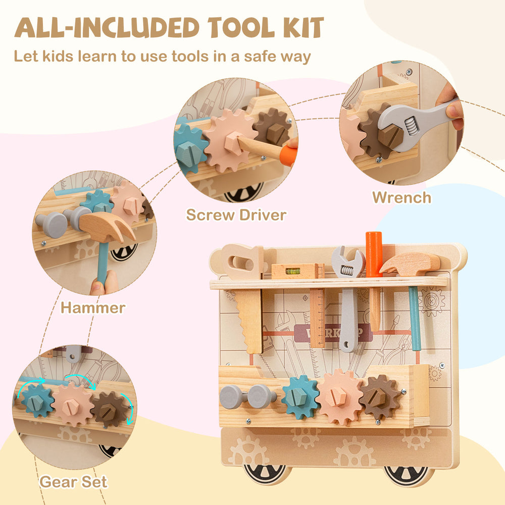 Wooden sensory wall panel tool kit featuring a wrench, screwdriver, and hammer for safe hands-on play and learning.
