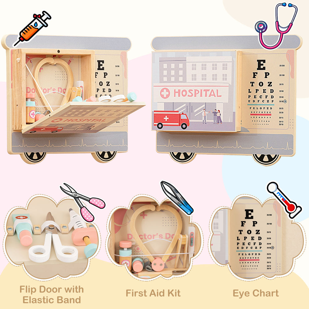 Wooden sensory wall panel featuring a hospital theme with first aid kit and eye chart for imaginative role-play fun.
