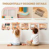 Wooden sensory wall panel featuring a vanity and tool box, designed for safe role-play with clear mirrors and premium.