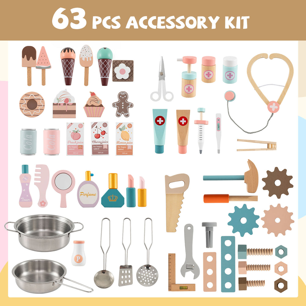 63-piece accessory kit for kids' sensory wall panel, featuring tools, kitchenware, and first aid items for imaginative.