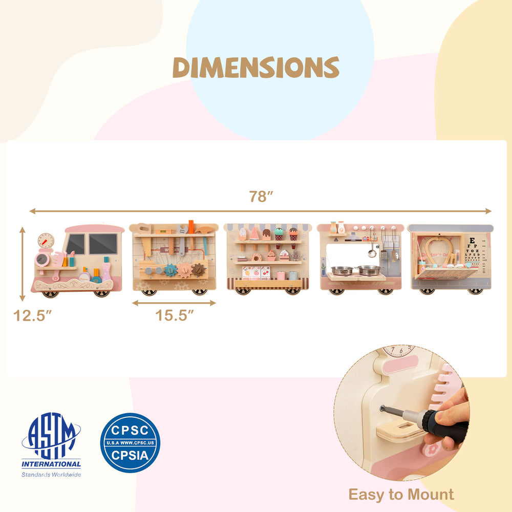 Wooden sensory wall panel train with vanity, tool box, and kitchen for kids' role-play fun, measuring 78" x 12.5".