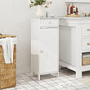 White wooden storage cabinet with drawer and adjustable shelves, perfect for compact spaces in bathrooms or living.