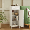 White wooden storage cabinet with adjustable shelves and drawer, perfect for compact spaces in living rooms or.