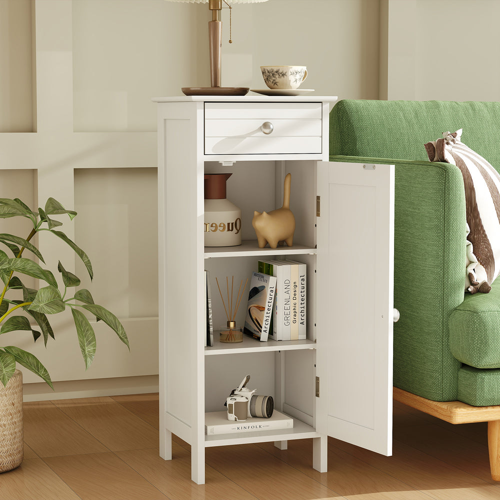 White wooden storage cabinet with adjustable shelves and drawer, perfect for compact spaces in living rooms or.