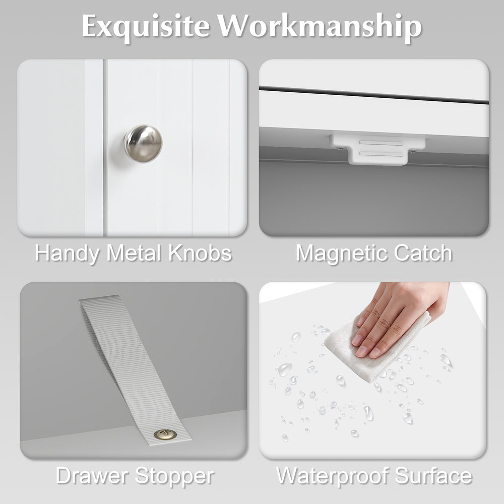 Close-up of the waterproof surface and metal knobs of the white wooden storage cabinet with adjustable shelves.