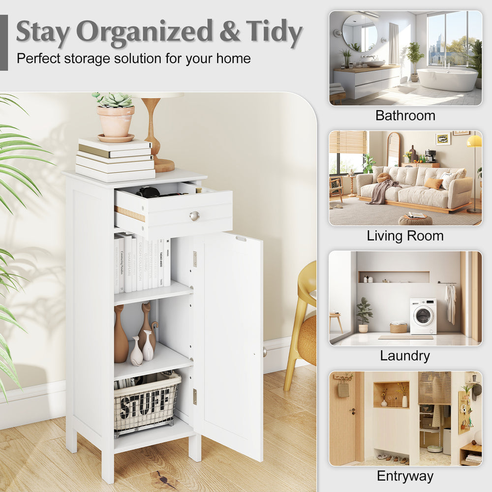 White wooden storage cabinet with adjustable shelves and drawer, perfect for organizing small spaces in any room.