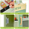 Close-up of the Kids Wooden Supermarket Play Toy Set features, including chalkboard, round corners, and handy handles.