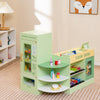Kids wooden supermarket play toy set in green featuring a vending machine and checkout counter with shelves and.