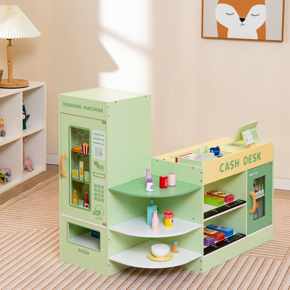 Kids wooden supermarket play toy set in green featuring a vending machine and checkout counter with shelves and.