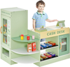 Kids wooden supermarket play toy set in green featuring a checkout counter and vending machine for imaginative play.