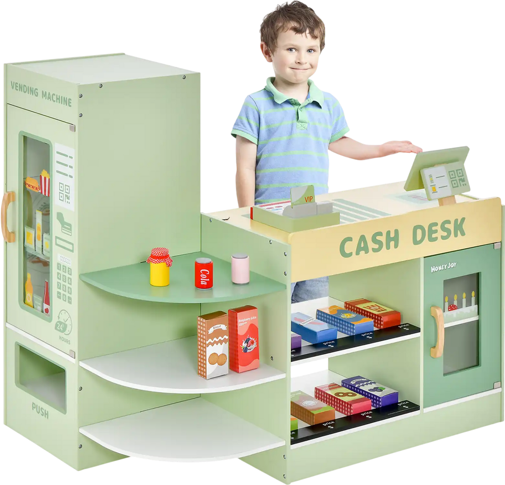 Kids wooden supermarket play toy set in green featuring a checkout counter and vending machine for imaginative play.