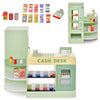 Kids wooden supermarket play toy set in green with checkout counter, vending machine, and 13 accessories for.