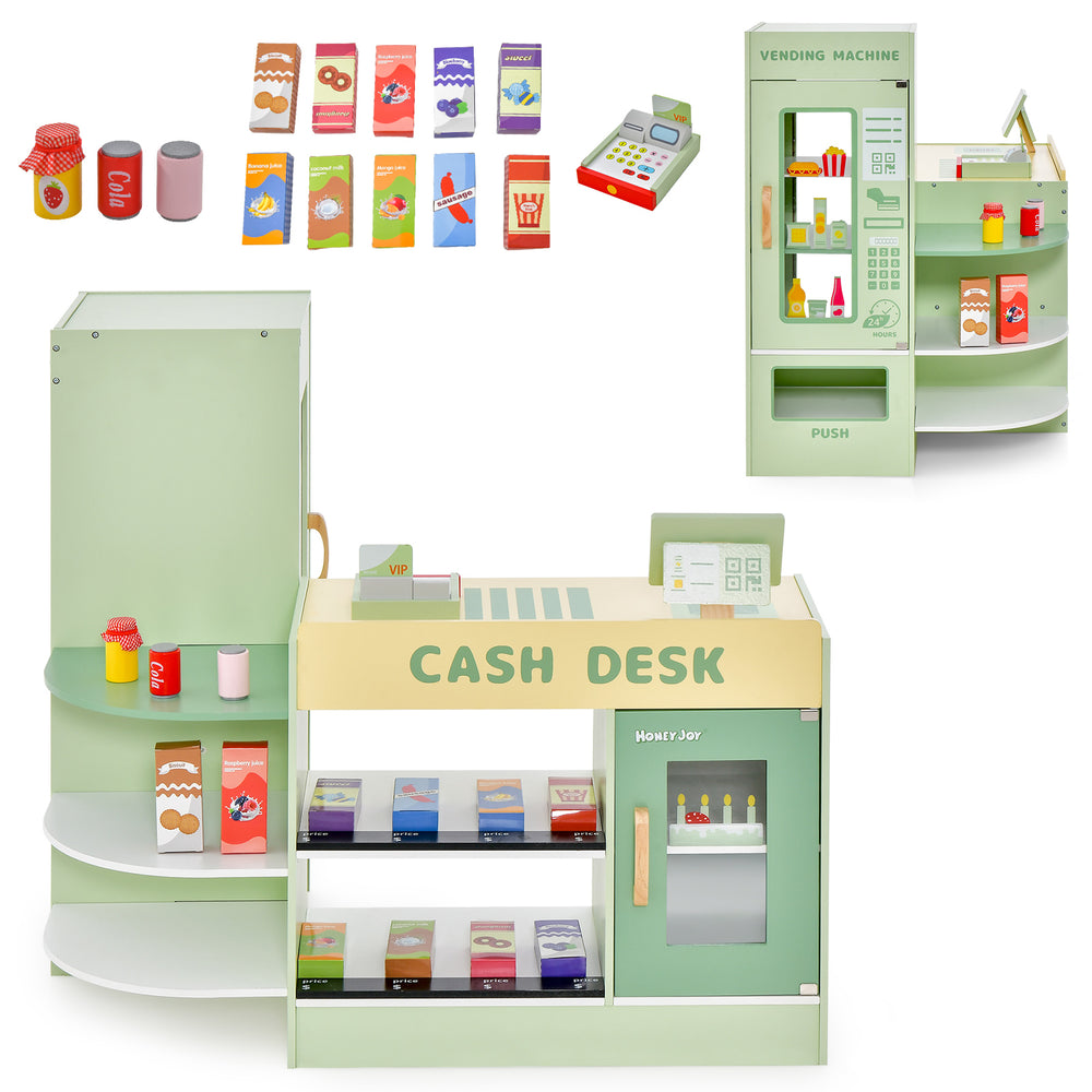 Kids wooden supermarket play toy set in green with checkout counter, vending machine, and 13 accessories for.