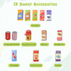 Colorful wooden play food accessories including juices, snacks, and canned drinks for kids' supermarket role play.