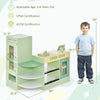 Kids wooden supermarket play toy set in green with checkout counter, vending machine, and storage shelves for.